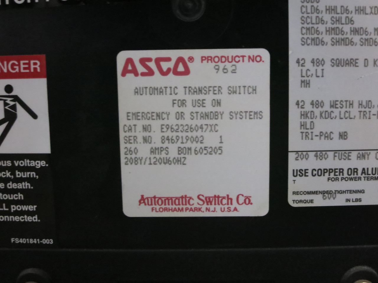 ASCO E962326047XC 260A 208V Automatic Transfer Switch Bypass